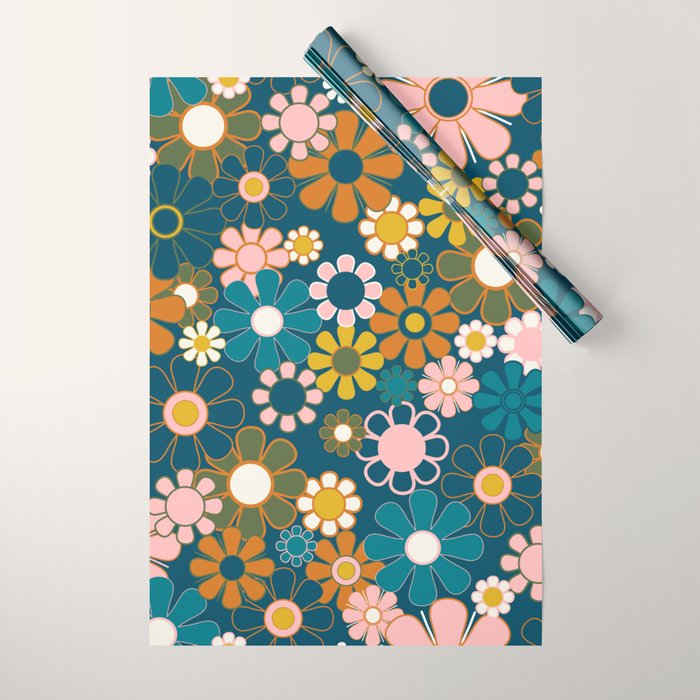 Pretty Groovy Retro Garden Floral Pattern Blue Pink Orange Olive Wrapping Paper Gallery Image 1
