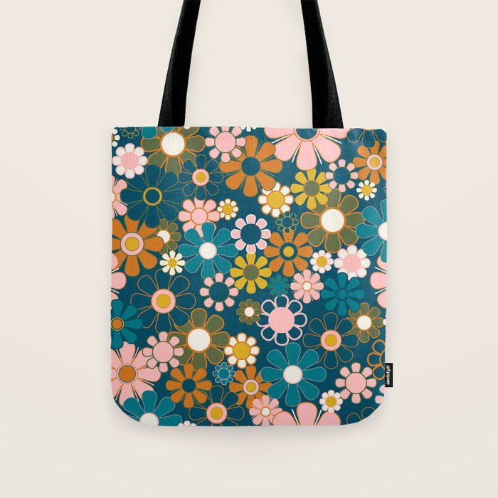 Pretty Groovy Retro Garden Floral Pattern Blue Pink Orange Olive Tote Bag Gallery Image 1