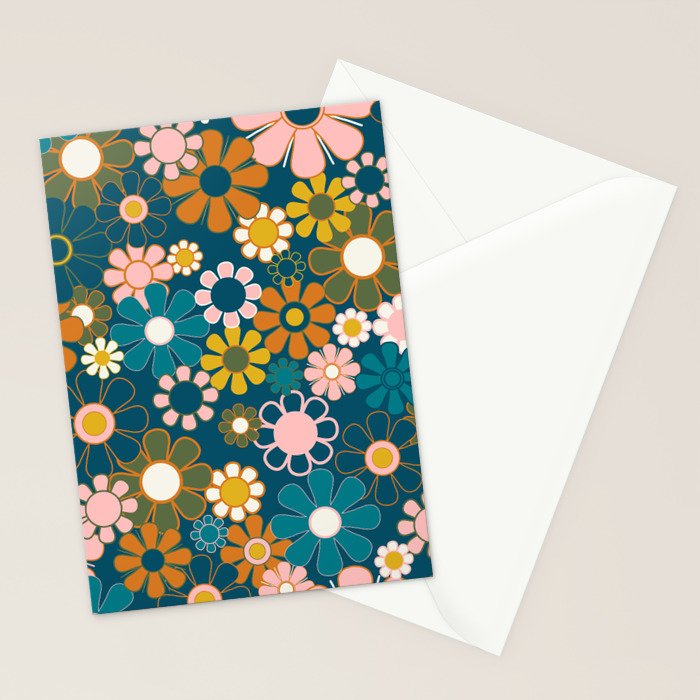 Pretty Groovy Retro Garden Floral Pattern Blue Pink Orange Olive Stationery Card Gallery Image 2