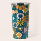 Pretty Groovy Retro Garden Floral Pattern Blue Pink Orange Olive Travel Mug Gallery Image 1