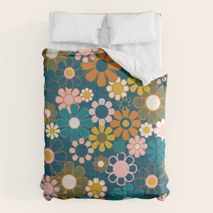 Pretty Groovy Retro Garden Floral Pattern Blue Pink Orange Olive Comforter Gallery Image 6