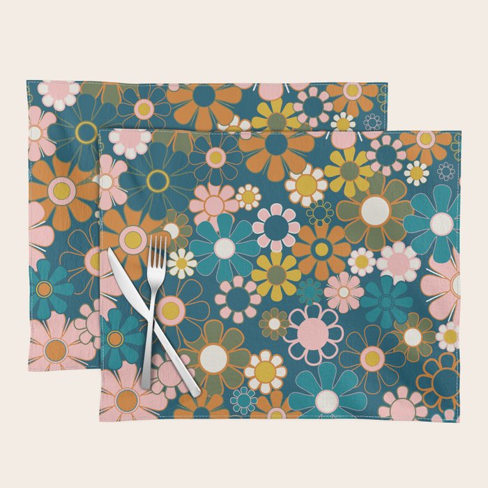 Pretty Groovy Retro Garden Floral Pattern Blue Pink Orange Olive Placemat Gallery Image 1