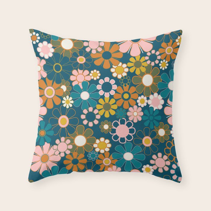 Pretty Groovy Retro Garden Floral Pattern Blue Pink Orange Olive Throw Pillow Gallery Image 6