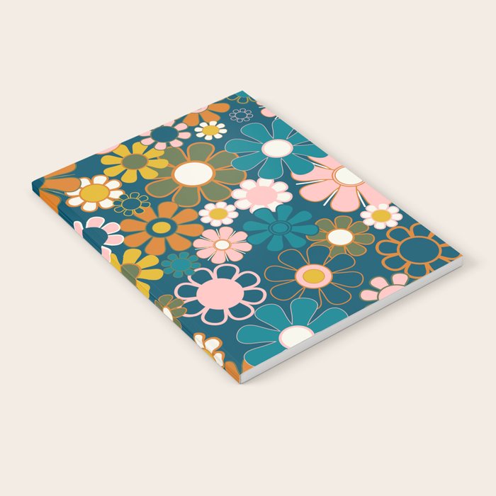 Pretty Groovy Retro Garden Floral Pattern Blue Pink Orange Olive Notebook Gallery Image 1
