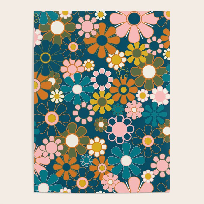 Pretty Groovy Retro Garden Floral Pattern Blue Pink Orange Olive Poster Gallery Image 4