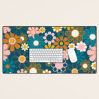 Pretty Groovy Retro Garden Floral Pattern Blue Pink Orange Olive Desk Mat Gallery Image 1