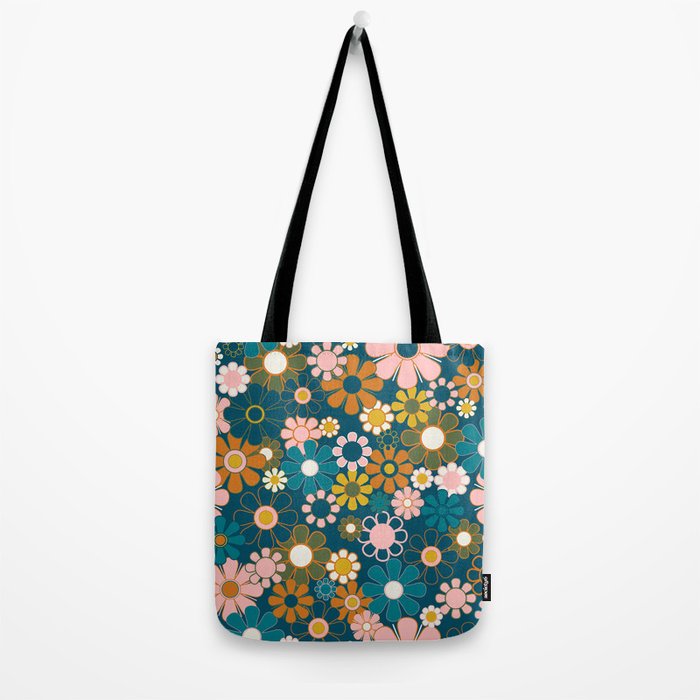 Pretty Groovy Retro Garden Floral Pattern Blue Pink Orange Olive Tote Bag Gallery Image 2