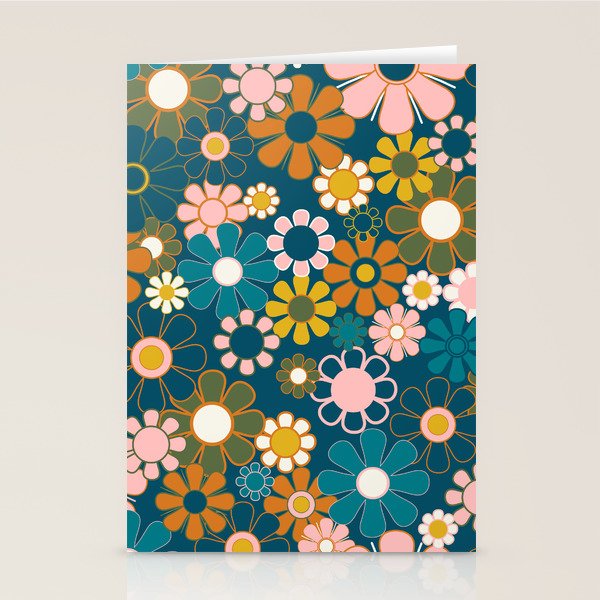 Pretty Groovy Retro Garden Floral Pattern Blue Pink Orange Olive Stationery Card Gallery Image 1