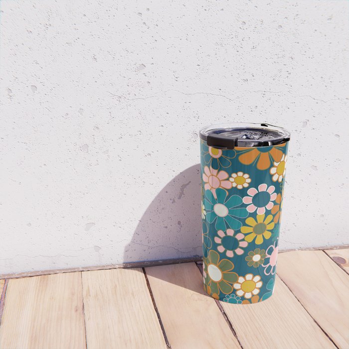 Pretty Groovy Retro Garden Floral Pattern Blue Pink Orange Olive Travel Mug Gallery Image 4