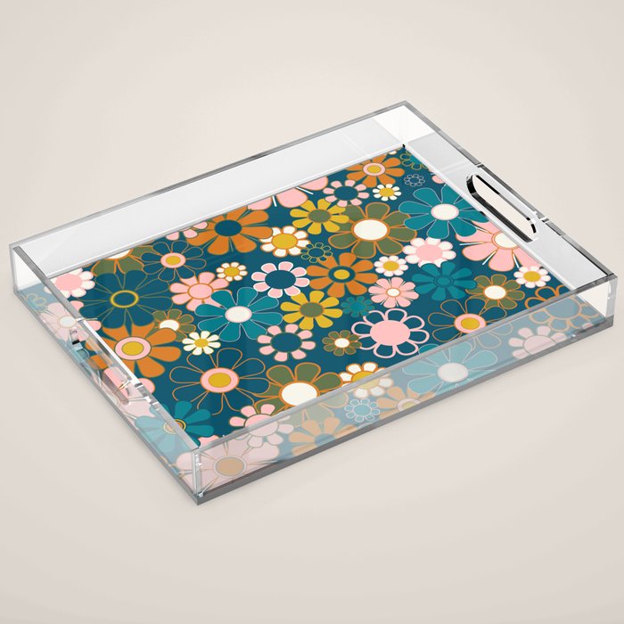 Pretty Groovy Retro Garden Floral Pattern Blue Pink Orange Olive Acrylic Tray Gallery Image 1