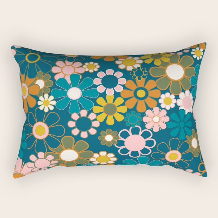 Pretty Groovy Retro Garden Floral Pattern Blue Pink Orange Olive Rectangular Pillow Gallery Image 2