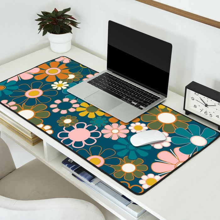 Pretty Groovy Retro Garden Floral Pattern Blue Pink Orange Olive Desk Mat Gallery Image 2