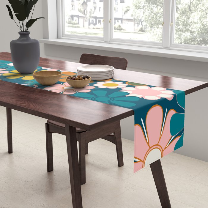 Pretty Groovy Retro Garden Floral Pattern Blue Pink Orange Olive Table Runner Gallery Image 2