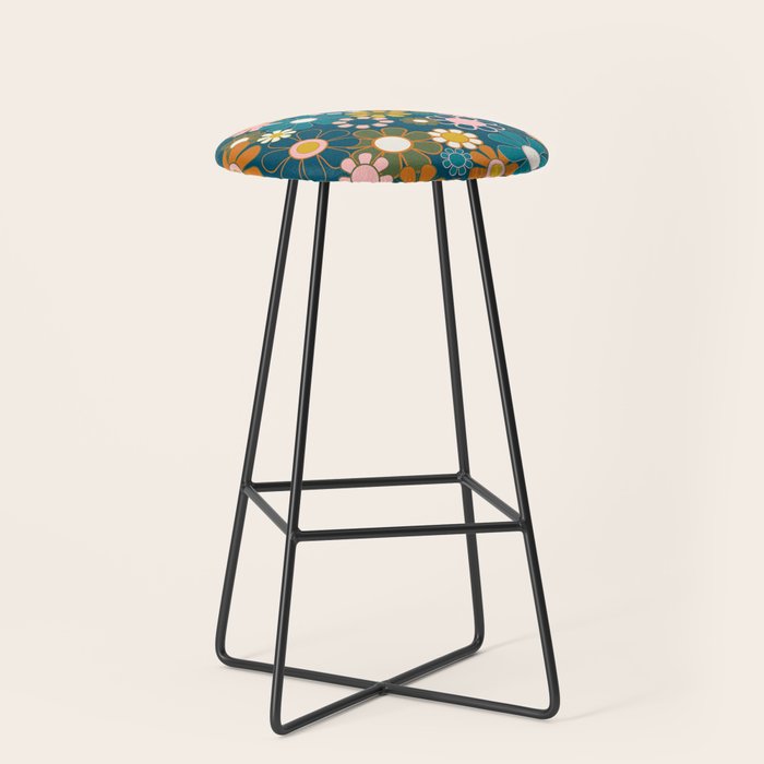Pretty Groovy Retro Garden Floral Pattern Blue Pink Orange Olive Stool Gallery Image 1