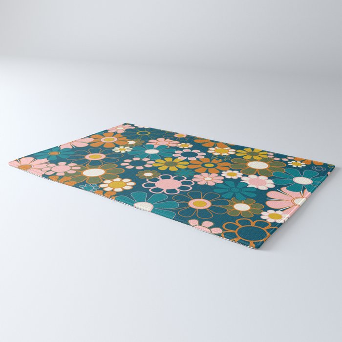 Pretty Groovy Retro Garden Floral Pattern Blue Pink Orange Olive Rug Gallery Image 3
