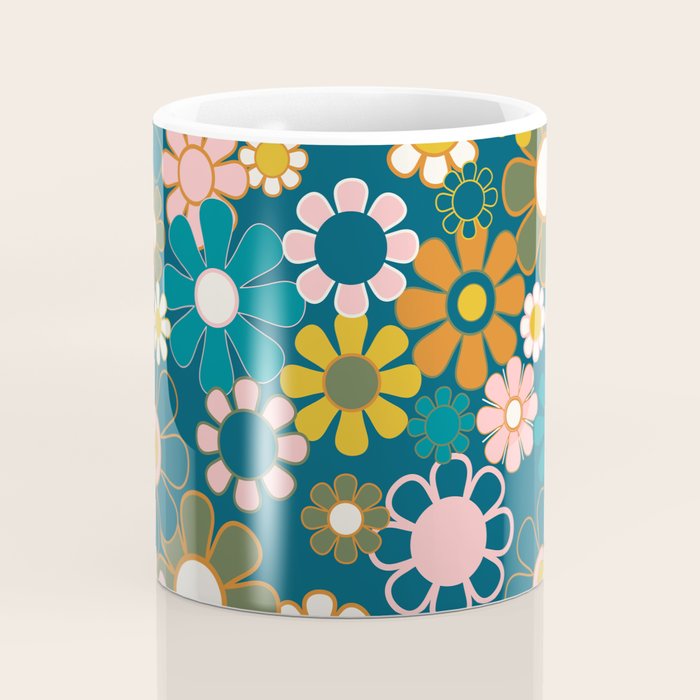 Pretty Groovy Retro Garden Floral Pattern Blue Pink Orange Olive Coffee Mug Gallery Image 4
