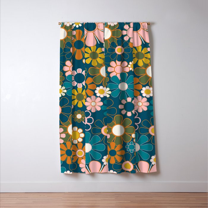 Pretty Groovy Retro Garden Floral Pattern Blue Pink Orange Olive Window Curtain Gallery Image 3