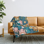 Pretty Groovy Retro Garden Floral Pattern Blue Pink Orange Olive Throw Blanket Gallery Image 1