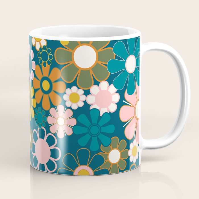 Pretty Groovy Retro Garden Floral Pattern Blue Pink Orange Olive Coffee Mug Gallery Image 1