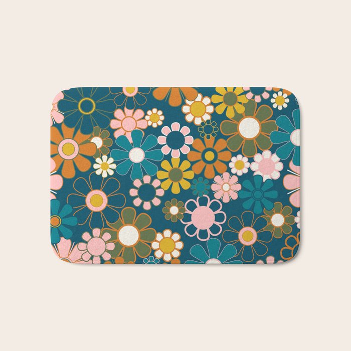 Pretty Groovy Retro Garden Floral Pattern Blue Pink Orange Olive Bath Mat Gallery Image 1