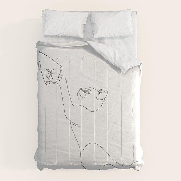 Cat and Owner Fist Bump Line Drawing Comforter Gallery Image 6