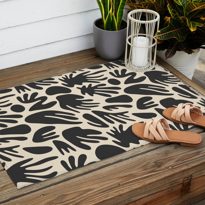 Abstract black and white organic shape pattern Outdoor Rug Gallery Image 2