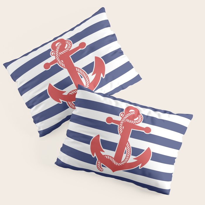 Retro Navy Anchor and Stripes Pattern 222 Red White and Blue Pillow Sham Gallery Image 3