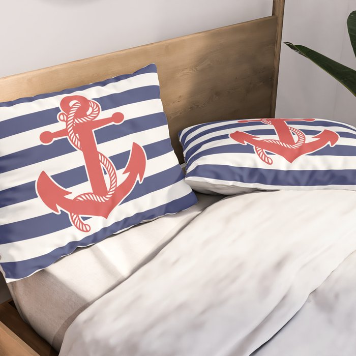 Retro Navy Anchor and Stripes Pattern 222 Red White and Blue Pillow Sham Gallery Image 2