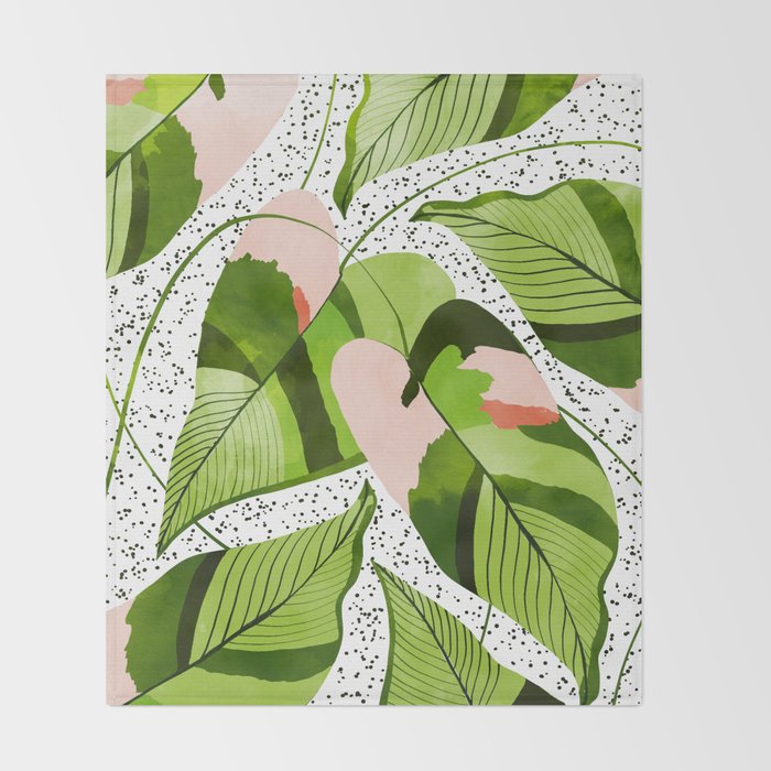 Blushing Leaves Watercolor Painting, Colorful Botanical Illustration, Tropical Modern Bohemian Throw Blanket Gallery Image 2