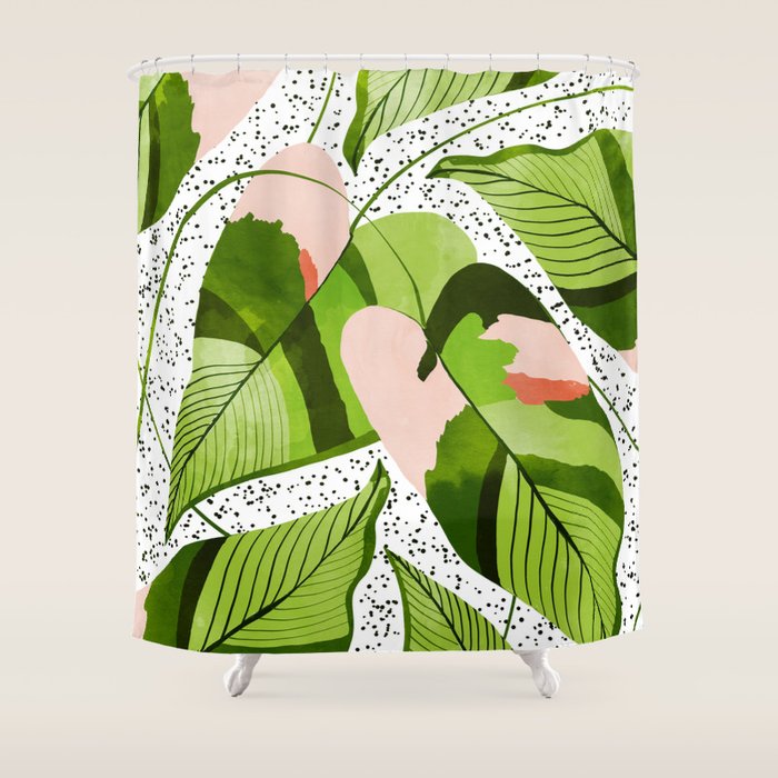 Blushing Leaves Watercolor Painting, Colorful Botanical Illustration, Tropical Modern Bohemian Shower Curtain Gallery Image 1