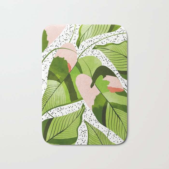 Blushing Leaves Watercolor Painting, Colorful Botanical Illustration, Tropical Modern Bohemian Bath Mat Gallery Image 1