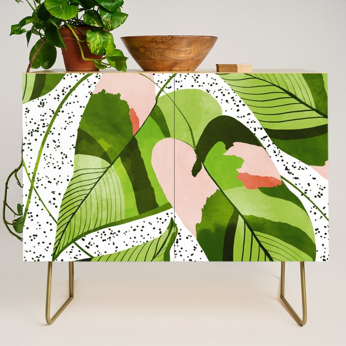 Blushing Leaves Watercolor Painting, Colorful Botanical Illustration, Tropical Modern Bohemian Credenza Gallery Image 1