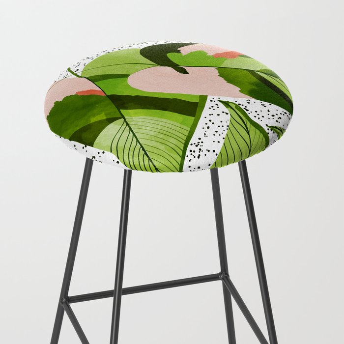 Blushing Leaves Watercolor Painting, Colorful Botanical Illustration, Tropical Modern Bohemian Stool Gallery Image 2