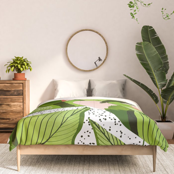 Blushing Leaves Watercolor Painting, Colorful Botanical Illustration, Tropical Modern Bohemian Comforter Gallery Image 3
