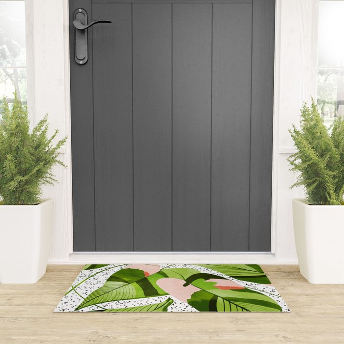 Blushing Leaves Watercolor Painting, Colorful Botanical Illustration, Tropical Modern Bohemian Welcome Mat Gallery Image 3
