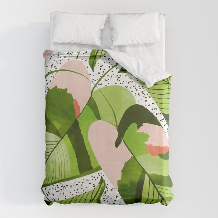 Blushing Leaves Watercolor Painting, Colorful Botanical Illustration, Tropical Modern Bohemian Duvet Cover Gallery Image 6