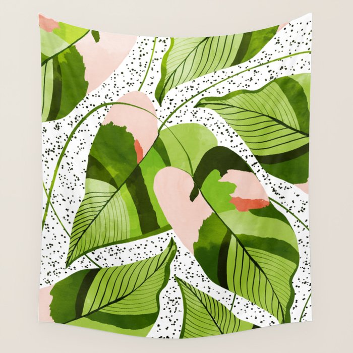 Blushing Leaves Watercolor Painting, Colorful Botanical Illustration, Tropical Modern Bohemian Wall Tapestry Gallery Image 1