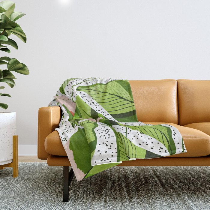 Blushing Leaves Watercolor Painting, Colorful Botanical Illustration, Tropical Modern Bohemian Throw Blanket Gallery Image 1