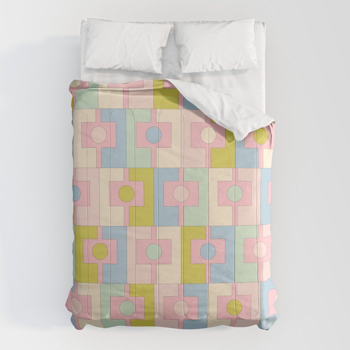 Mid Century Modern Pastel Pink Rektangel Geometric Pattern with Light Blue and Chartreuse Comforter Gallery Image 6