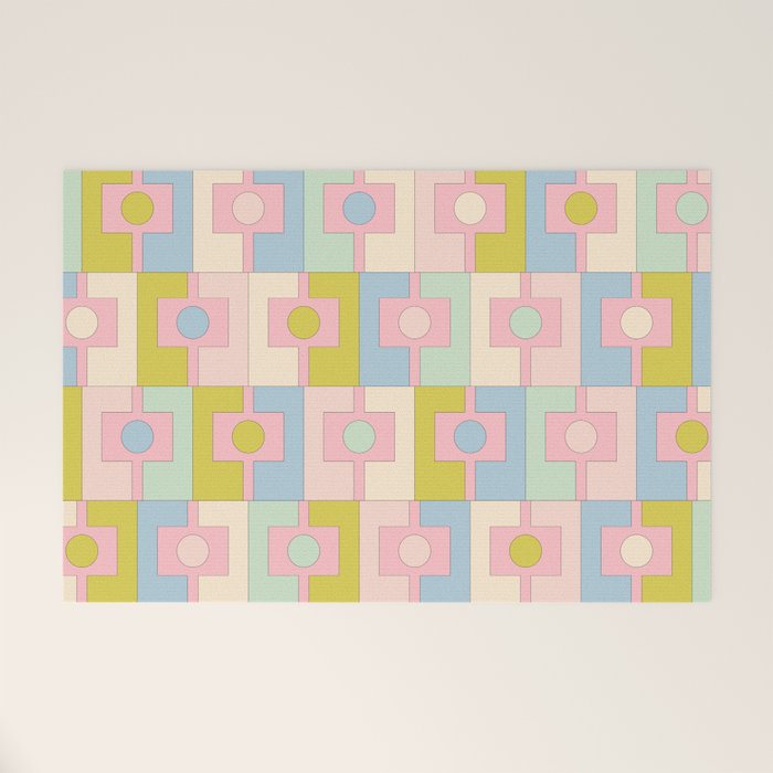 Mid Century Modern Pastel Pink Rektangel Geometric Pattern with Light Blue and Chartreuse Welcome Mat Gallery Image 1