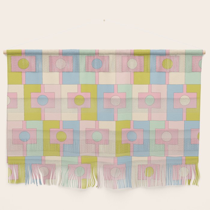 Mid Century Modern Pastel Pink Rektangel Geometric Pattern with Light Blue and Chartreuse Wall Hanging Gallery Image 1