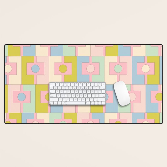 Mid Century Modern Pastel Pink Rektangel Geometric Pattern with Light Blue and Chartreuse Desk Mat Gallery Image 1