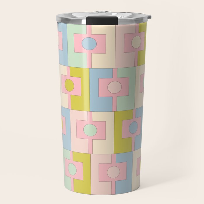 Mid Century Modern Pastel Pink Rektangel Geometric Pattern with Light Blue and Chartreuse Travel Mug Gallery Image 1
