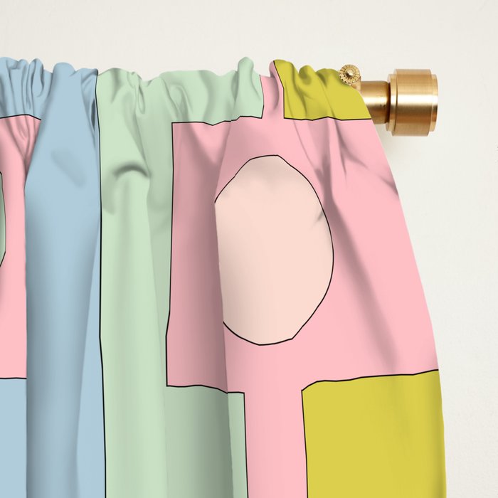 Mid Century Modern Pastel Pink Rektangel Geometric Pattern with Light Blue and Chartreuse Window Curtain Gallery Image 2