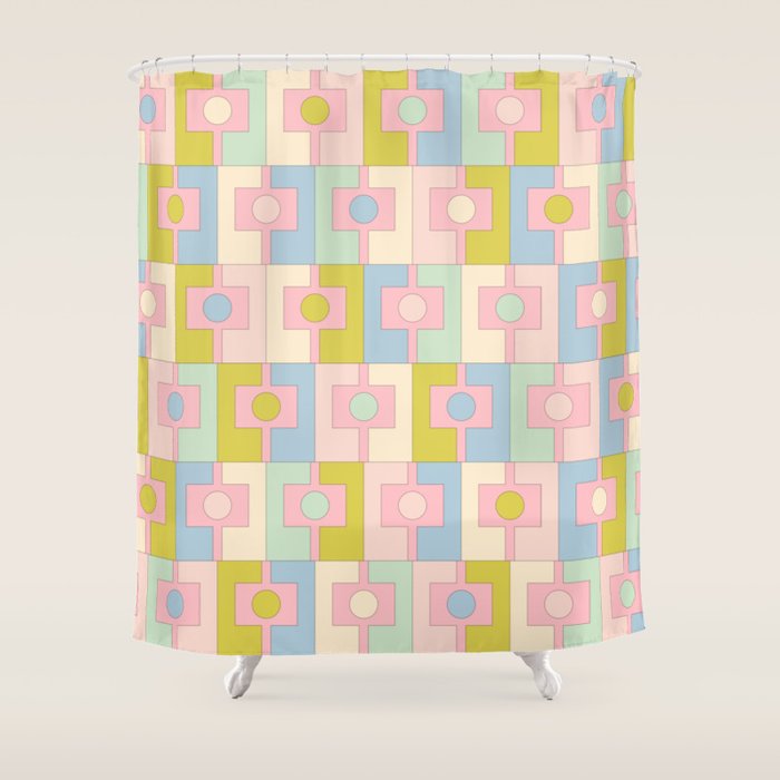 Mid Century Modern Pastel Pink Rektangel Geometric Pattern with Light Blue and Chartreuse Shower Curtain Gallery Image 1