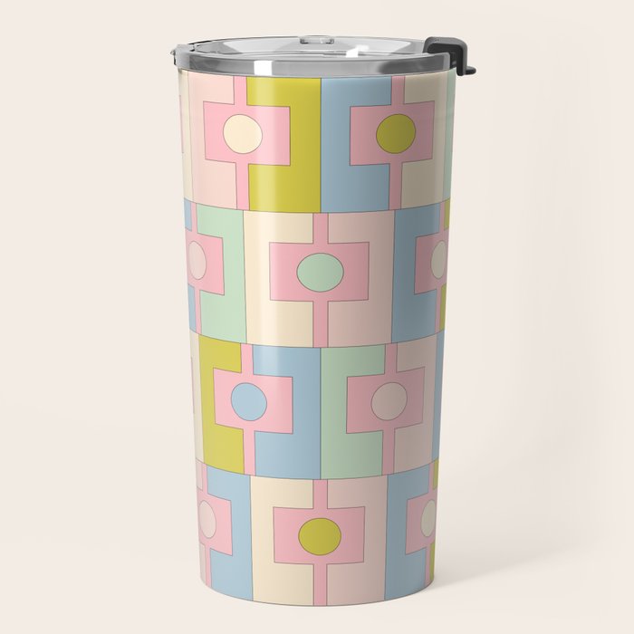 Mid Century Modern Pastel Pink Rektangel Geometric Pattern with Light Blue and Chartreuse Travel Mug Gallery Image 2