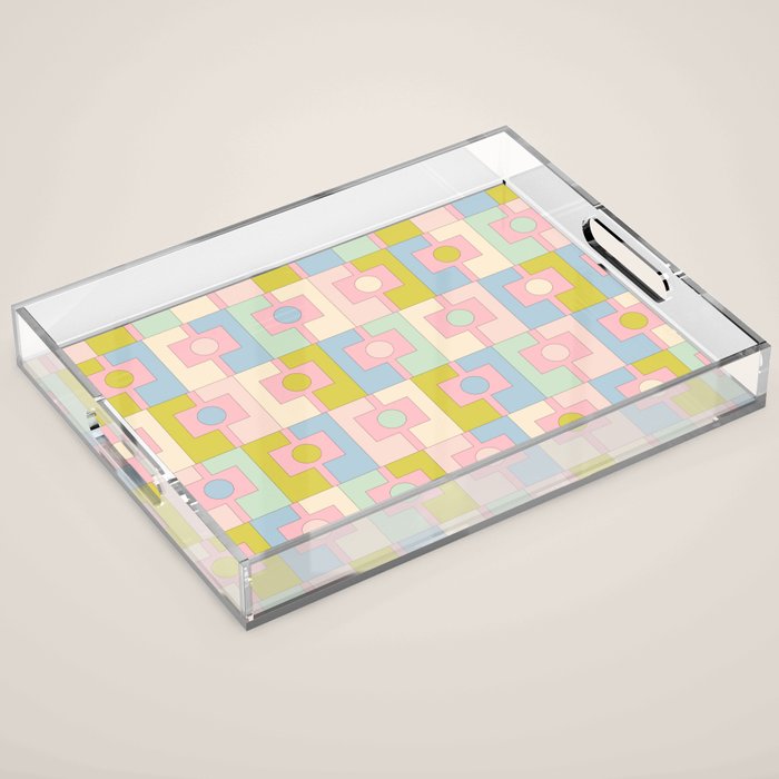Mid Century Modern Pastel Pink Rektangel Geometric Pattern with Light Blue and Chartreuse Acrylic Tray Gallery Image 1