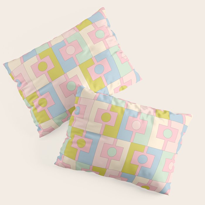 Mid Century Modern Pastel Pink Rektangel Geometric Pattern with Light Blue and Chartreuse Pillow Sham Gallery Image 3