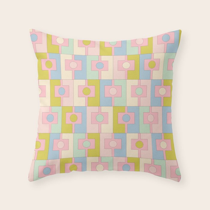 Mid Century Modern Pastel Pink Rektangel Geometric Pattern with Light Blue and Chartreuse Throw Pillow Gallery Image 6