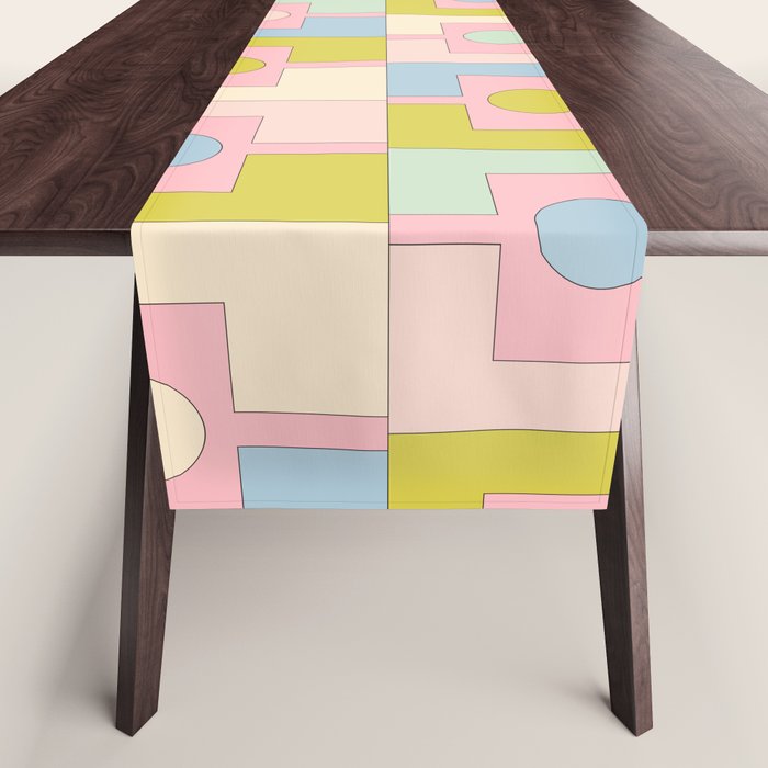 Mid Century Modern Pastel Pink Rektangel Geometric Pattern with Light Blue and Chartreuse Table Runner Gallery Image 1